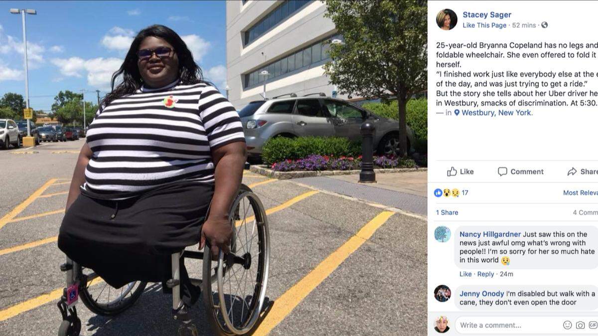 Bryanna Copeland, 25, says an Uber driver refused to drive her when he saw her wheelchair. The company says it's investigating the allegations.