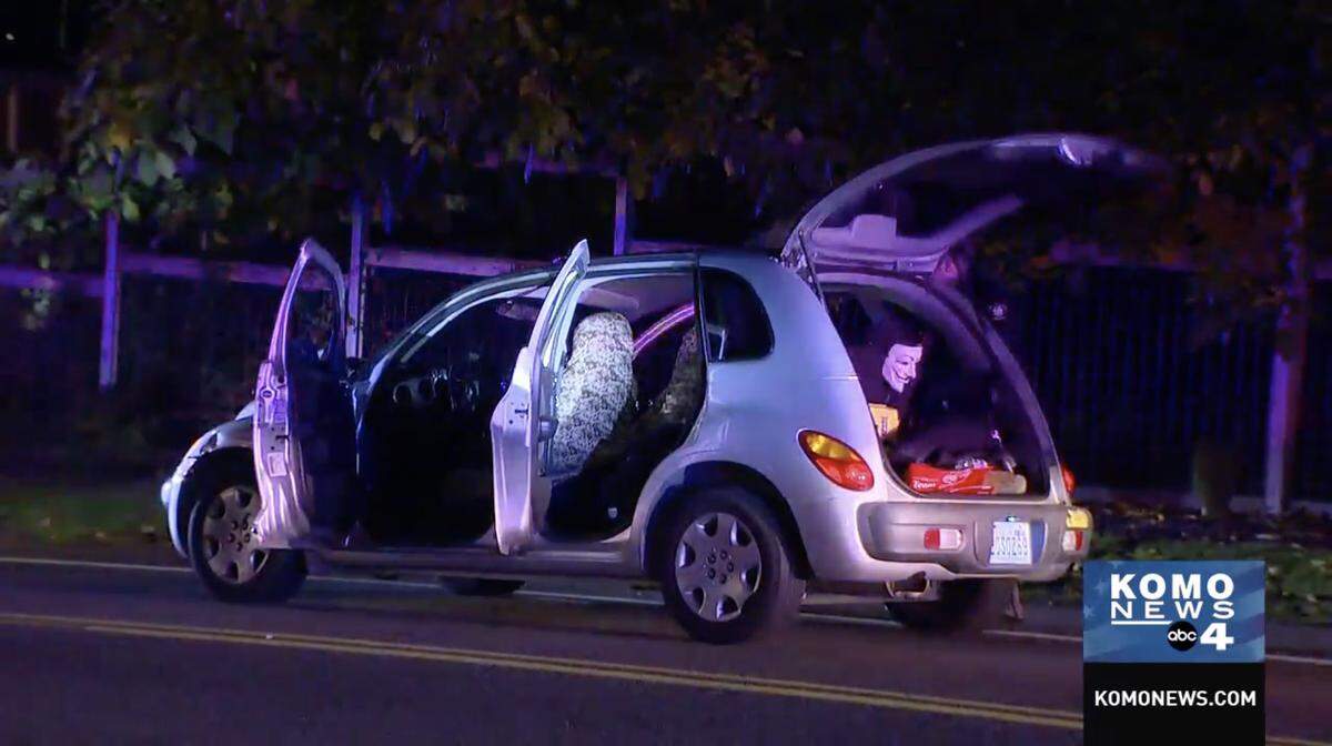 King County deputies said a juvenile in a Halloween mask shot at trick-or-treaters with an airsoft gun out of a stolen PT Cruiser in Burien, Washington, which the group used to go to a Safeway and steal a case of beer.