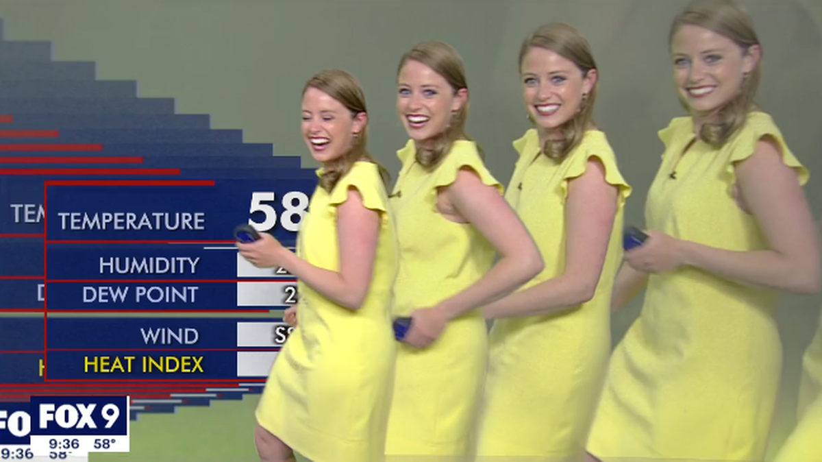 Jennifer McDermed, a Minnesota meteorologist at FOX 9, delivered a hilarious weather report when a glitch turned the broadcast into a “psychedelic” experience. Screengrab from KMSP.