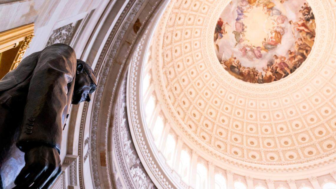 The Congressional statue of former President Harry S. Truman is unveiled in the Rotunda of the U.S. Capitol Building in Washington, Thursday, Sept. 29, 2022. A new poll found that sizable minorities of Americans believe election fraud would likely be responsible for their party’s midterm losses.