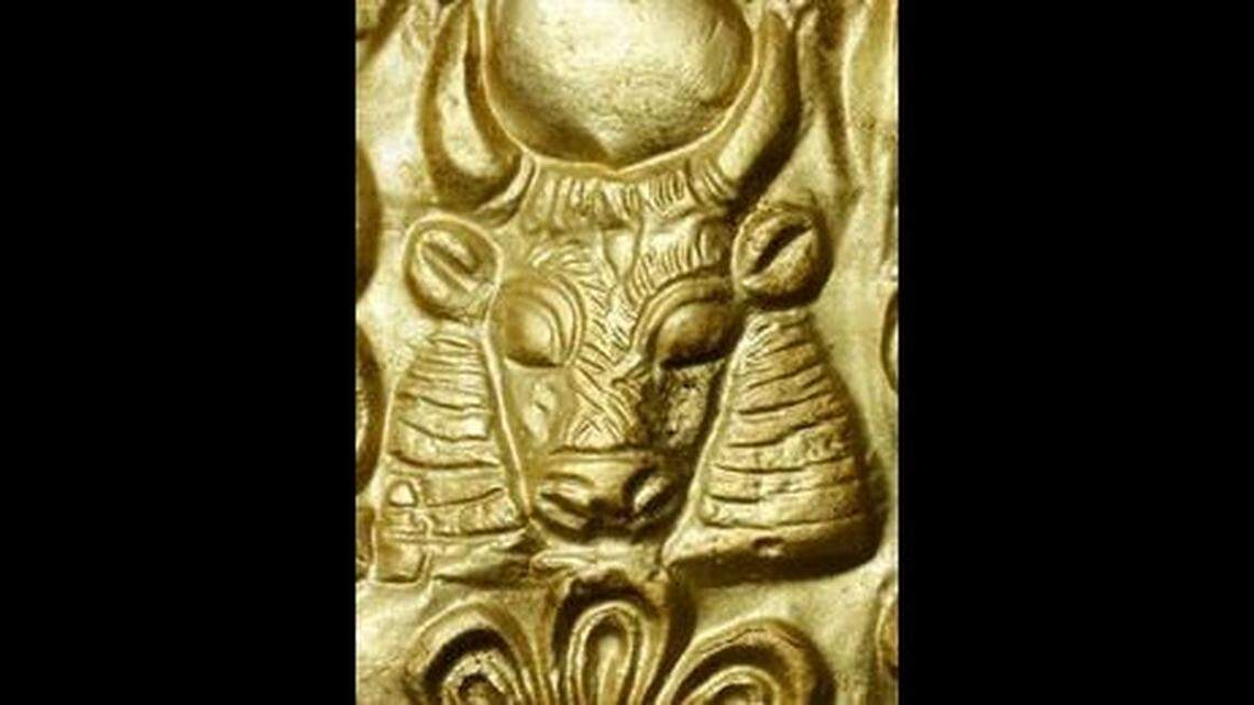 An embossed bull found on a diadem dating to around 1350 B.C.