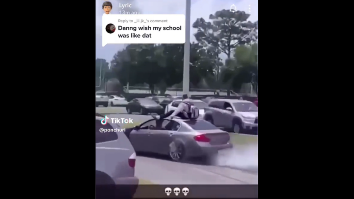 A student was thrown from a car roof and injured during a “stunt” in a Florida high school parking lot, video shows.