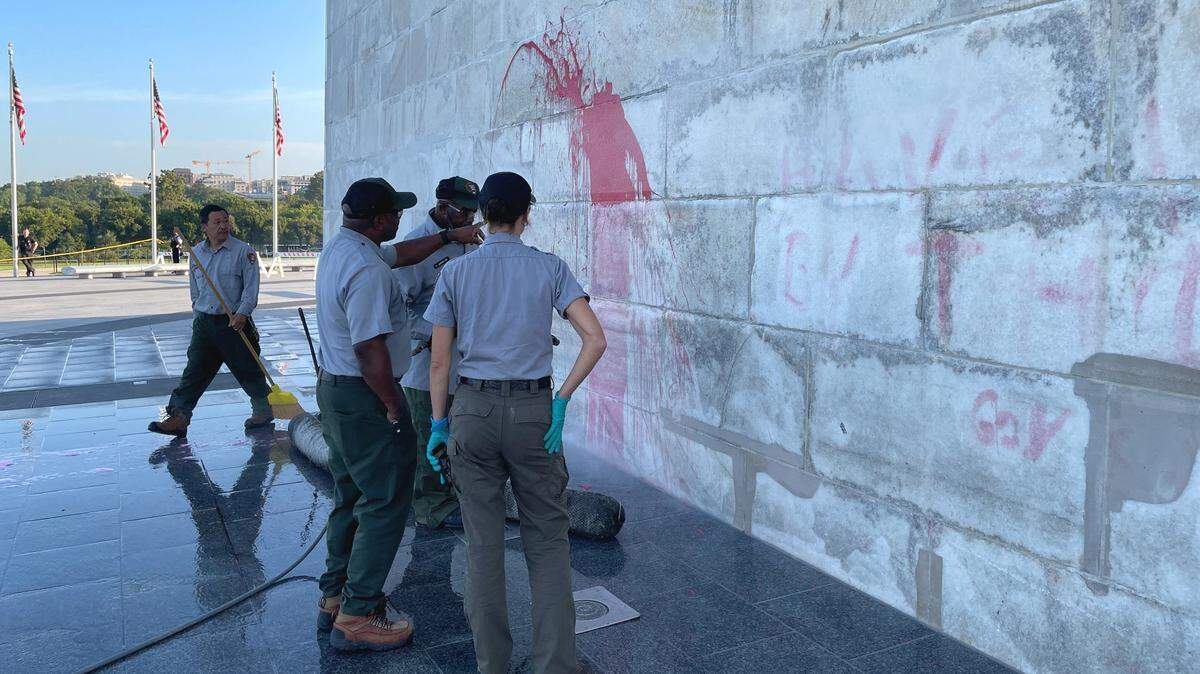 The Washington Monument was vandalized with red paint on Tuesday, Sept. 20, according to officials.