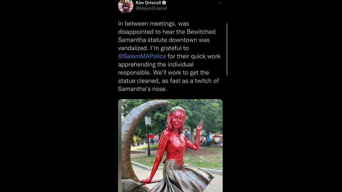 A man was arrested after being accused of vandalizing a statue in Salem, MA.