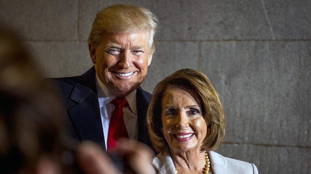 President-elect Donald J. Trump and U.S. Speaker of the House Nancy Pelosi smile for a photo during the 58th Presidential Inauguration in Washington, D.C., Jan. 20, 2017. More than 5,000 military members from across all branches of the armed forces of the United States, including reserve and National Guard components, provided ceremonial support and Defense Support of Civil Authorities during the inaugural period. (DoD photo by U.S. Air Force Staff Sgt. Marianique Santos)