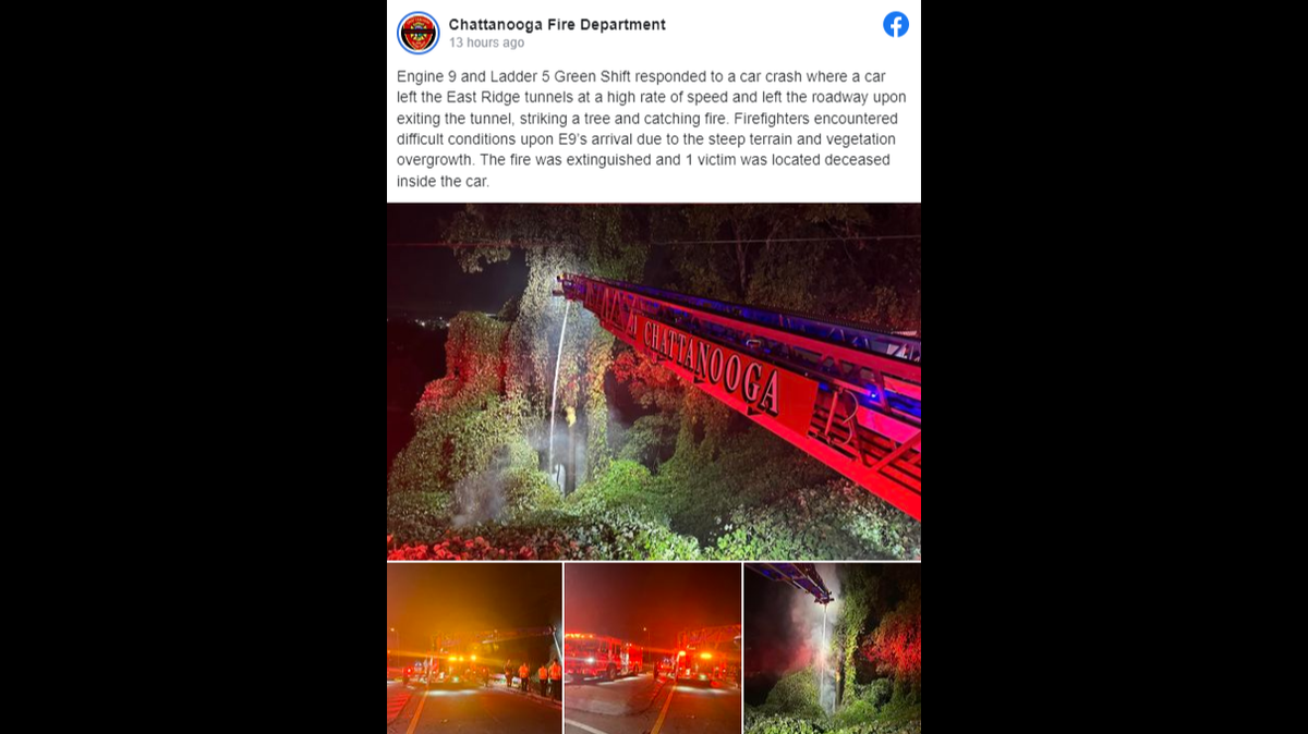 A car flew off a ridge, hitting a tree and bursting into flames, according to a Chattanooga Fire Department Facebook post.