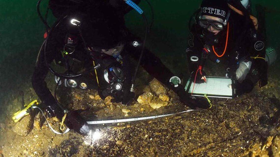 Nautical Archaeological Society (NAS) divers measuring timbers of the newly identified ‘Klein Hollandia.’