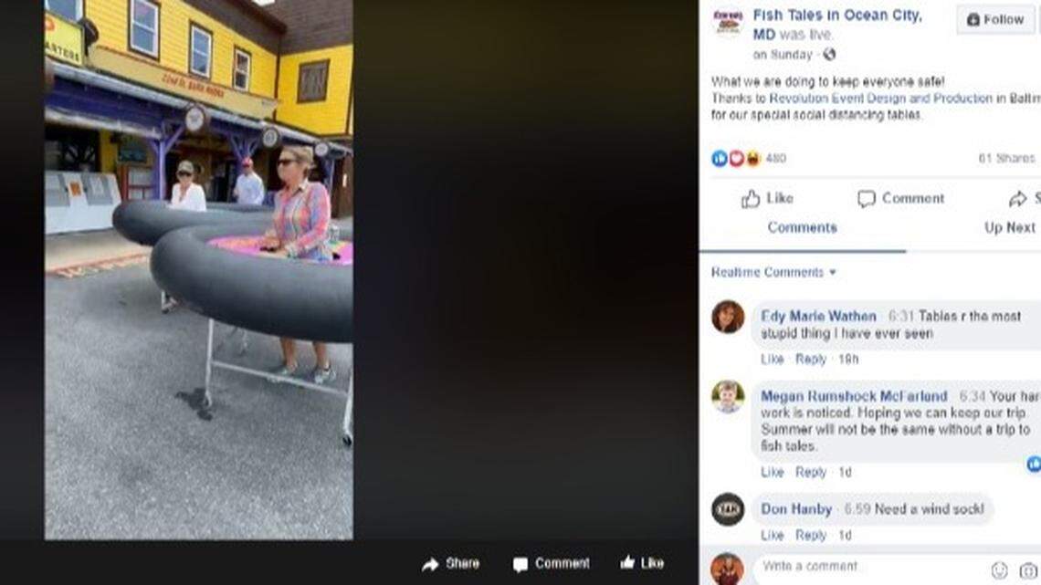 Fish Tales in Maryland is using inner tube tables to promote social distancing.