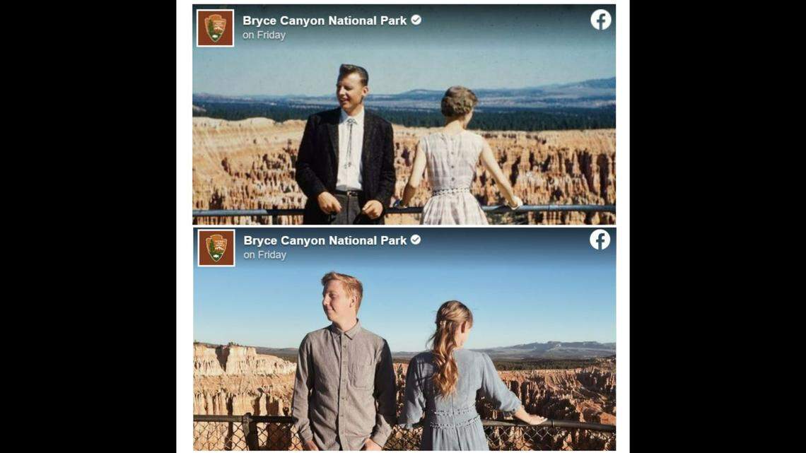 Paige and boyfriend Garrett (bottom) recreated this 1959 photo of Paige’s grandparents in Bryce Canyon National Park.
