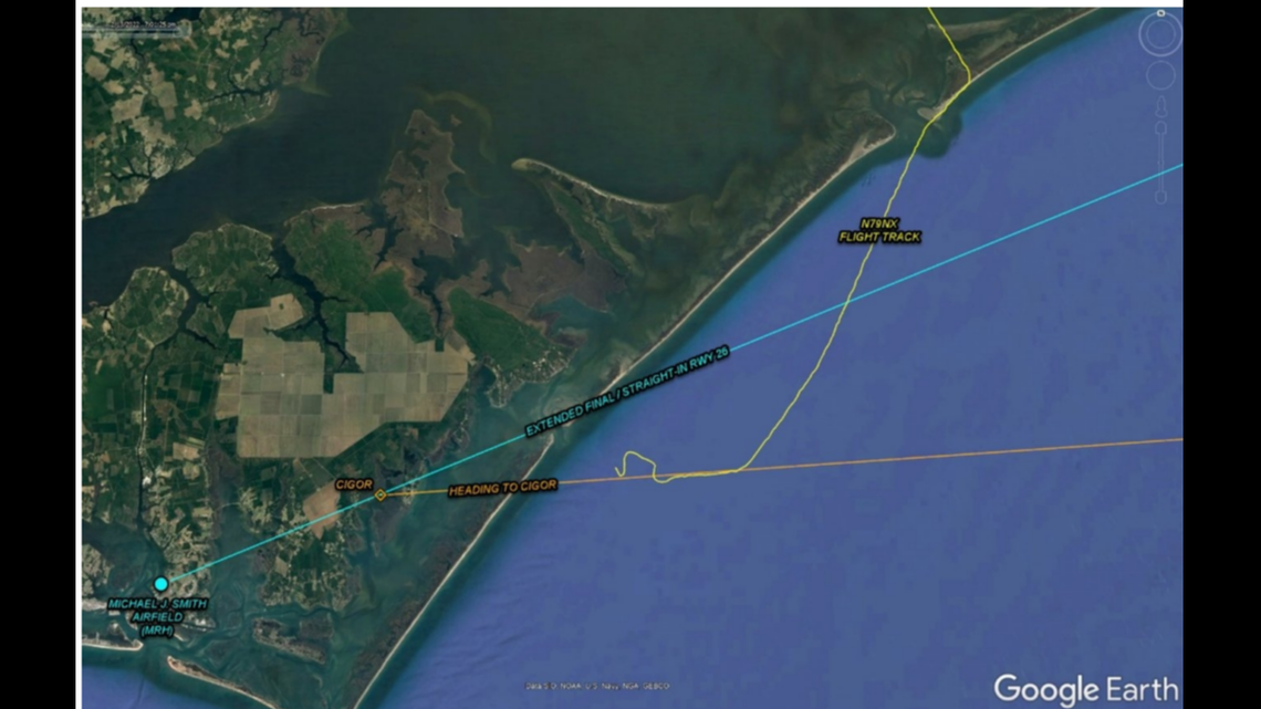 A Google Earth screengrab from the National Transportation Safety Board shows the flight track the day of the crash that killed eight passengers in North Carolina.
