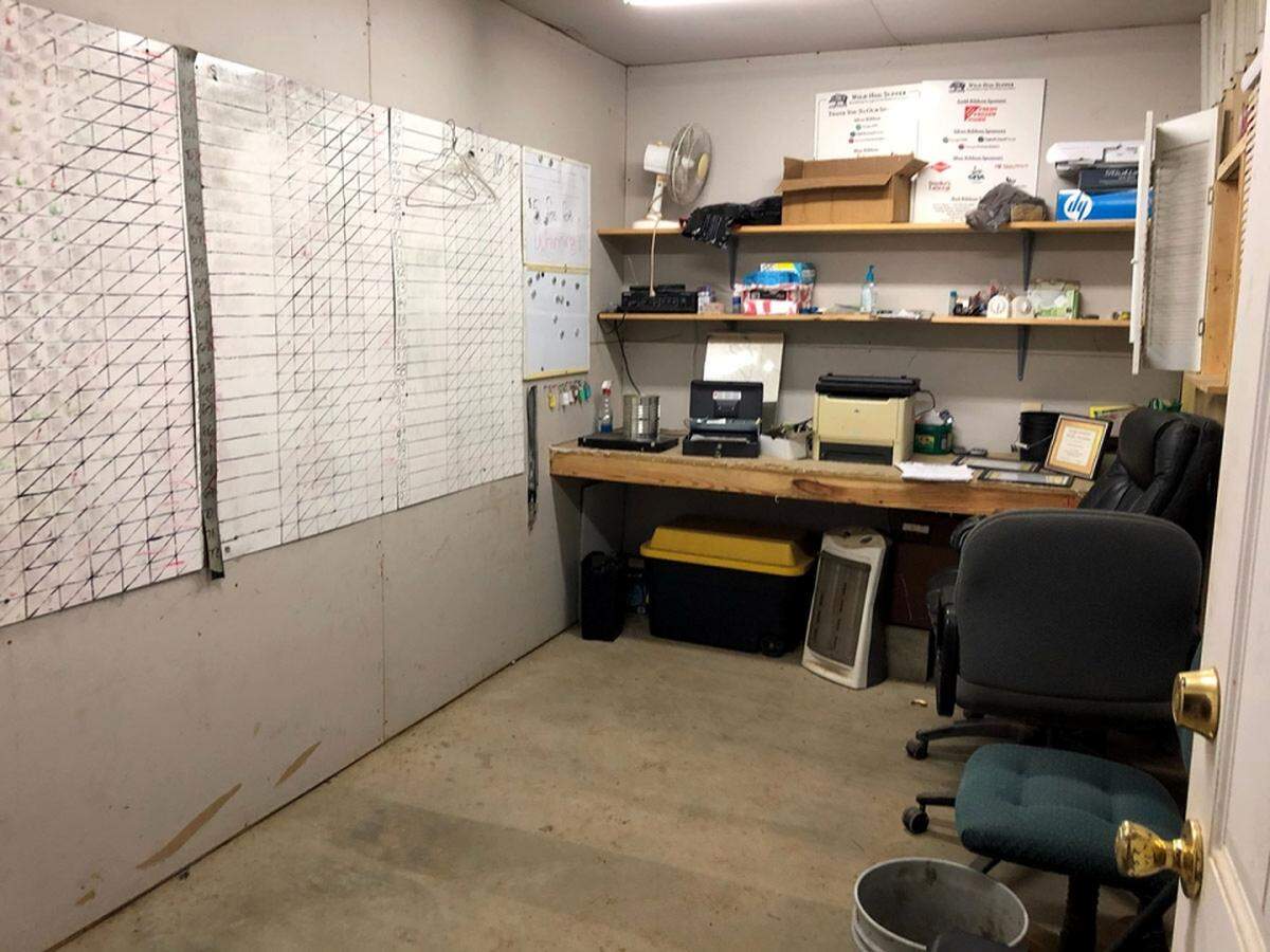 Office of The Red Barn animal fighting venue in Swainsboro, Ga., includes whiteboards for tallying fight results.