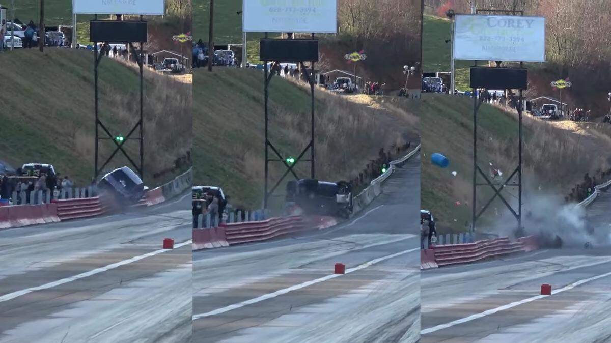 A 22-year-old woman broke her arm when a purple Mustang wrecked during a drag race at Wilkesboro Dragway in Western North Carolina on Saturday, March 20, 2021.