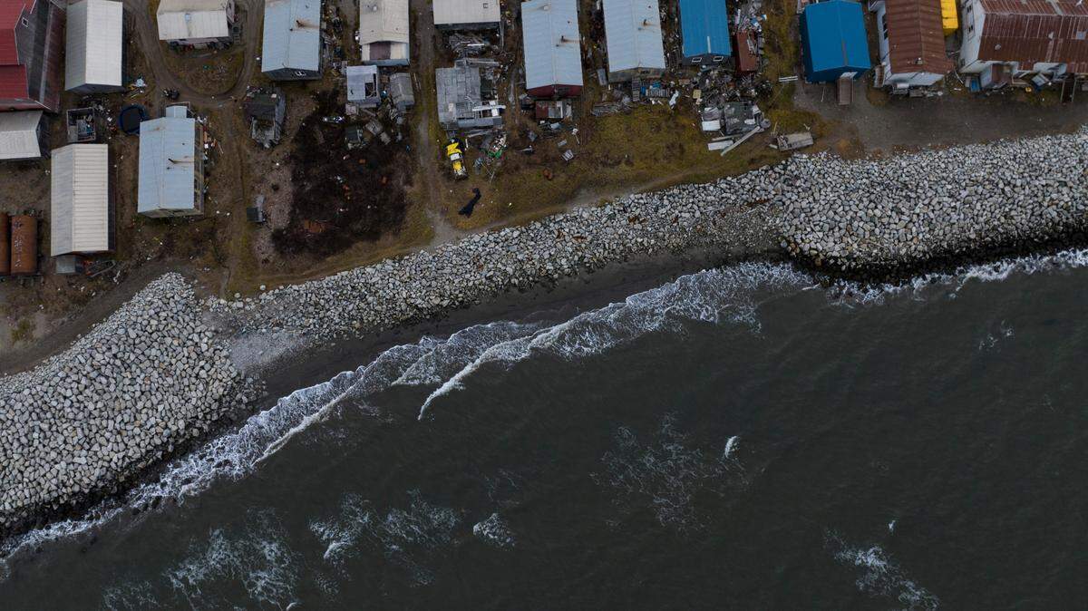 Small waves crash into reinforced seawalls in Shishmaref, Alaska, Tuesday, Oct. 4, 2022. U.N. Secretary-General Antonio Guterres warned Tuesday, Feb. 14, that rising sea levels could lead to mass evacuations.