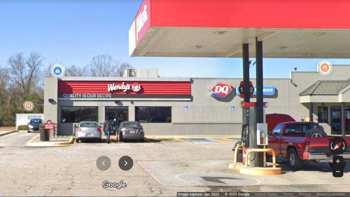 The Wendy’s in Bishopville, South Carolina, where officials say a woman was killed when a car rammed through the wall.