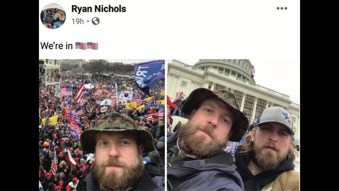 Ryan Nichols, a former Marine who went viral for rescuing dogs in North Carolina after Hurricane Florence, and Alex Harkrider are charge in the Capitol riot, authorities say. Screengrab from FBI.