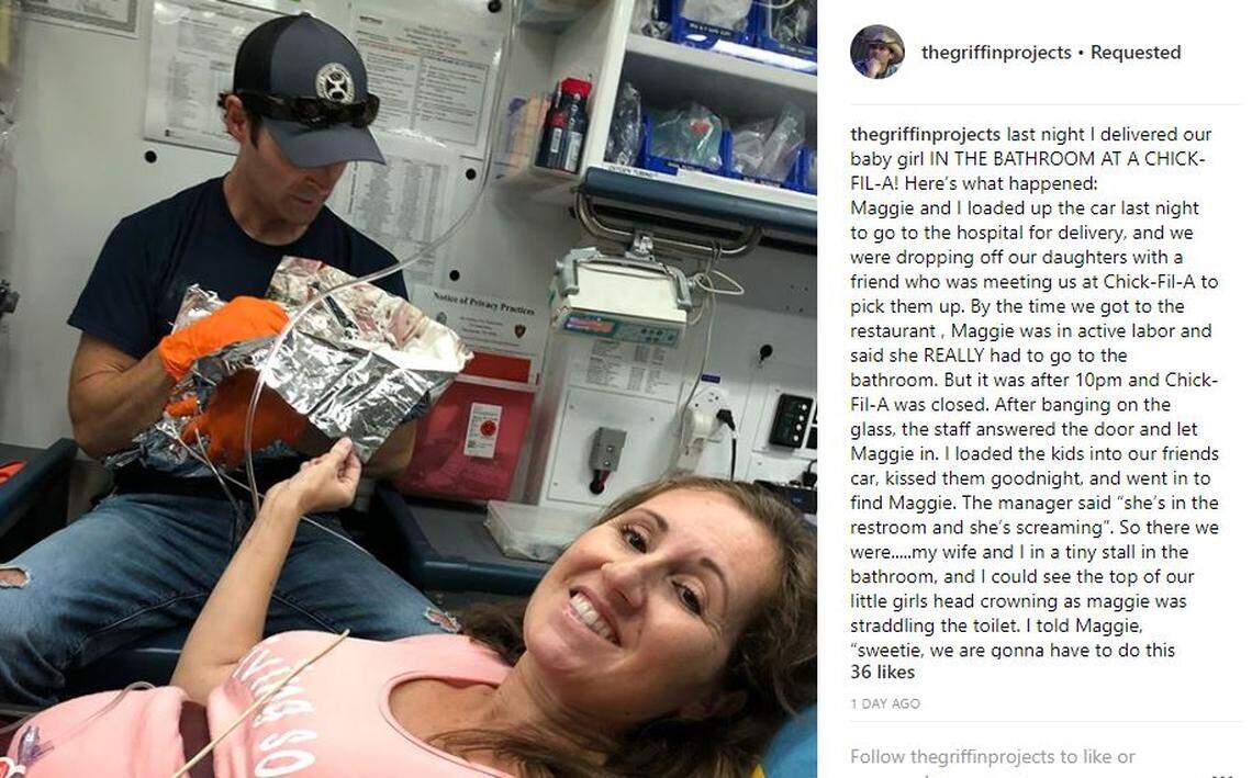 Robert and Falon Griffin delivered their baby girl, whom they named Gracelyn Mae Violet Griffin, in a bathroom stall Tuesday night at a Chick-Fil-A restaurant in far north San Antonio.