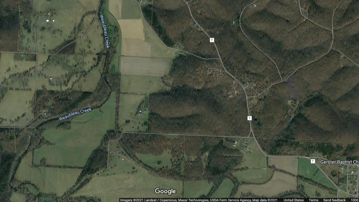 Bradley Dill drowned on Weaubleau Creek near Collins, Missouri, after floating on an air mattress while tied to another man, the St. Clair County sheriff says. Screengrab from Google.