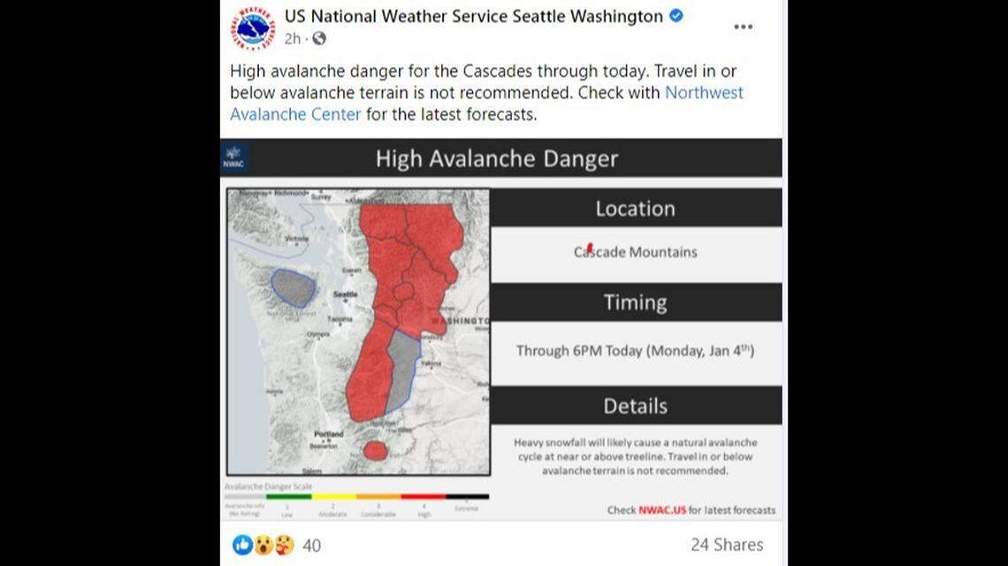 The National Weather Service is warning there may be landslides and avalanches on the West side this week.