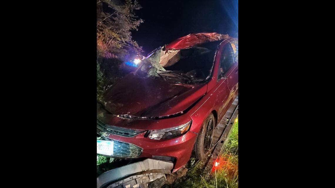 A moose and car collided on a Massachusetts highway, officials said.