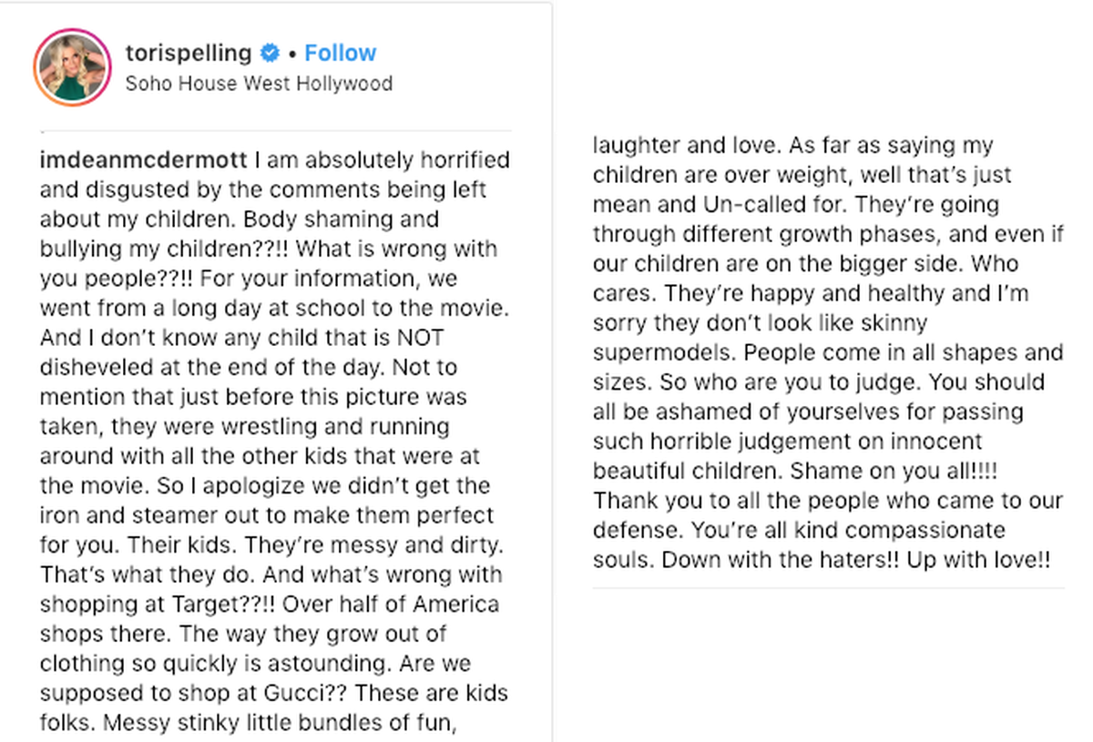 Full text of comment by Dean McDermott on his wife Tori Spelling’s Instagram post.