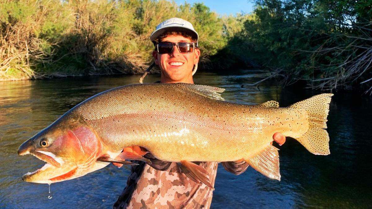 Nate Burr of Rexburg, Idaho, hoists at 31-inch Yellowstone cutthroat trout from the Snake River.