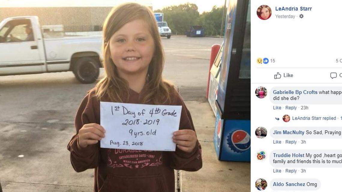 Payton Crustner, 9, poses for back to school photos before her first day of 4th grade, Tuesday, Aug. 28.