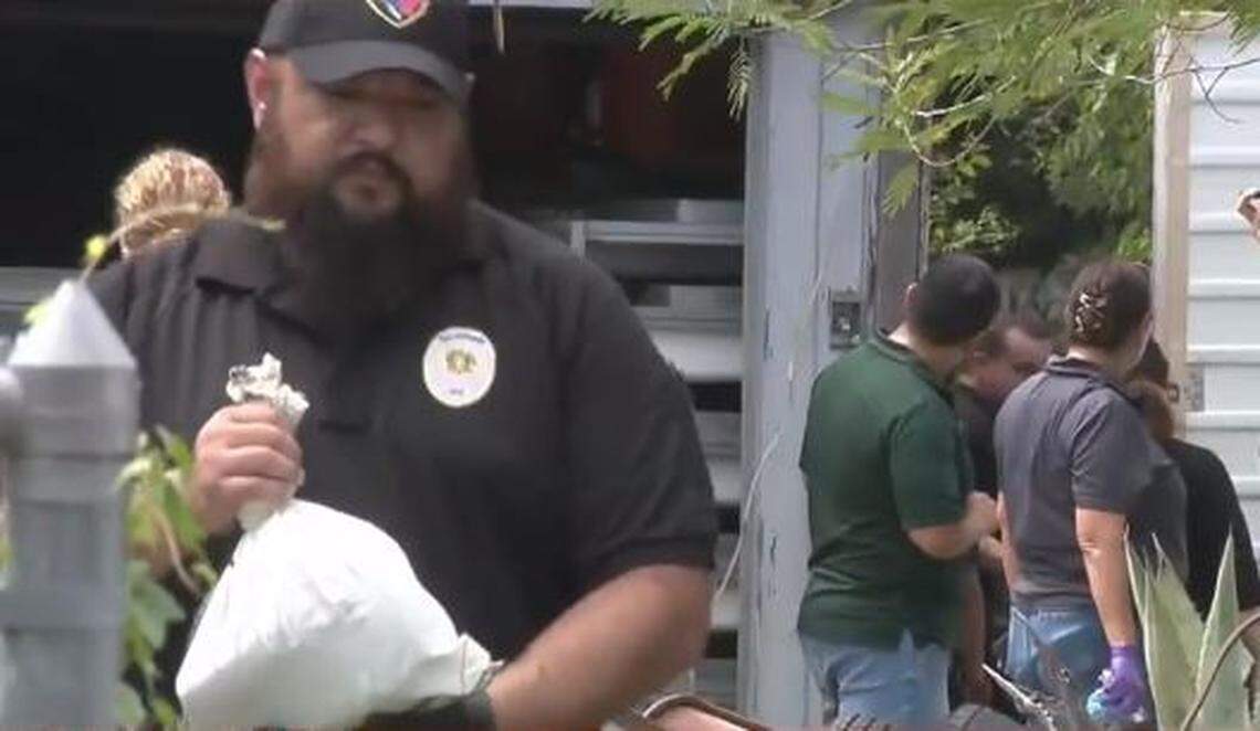 A field agent with San Antonio Animal Care Services takes a snake being kept in a plastic bag from the home of a man who authorities say hoarded more than 100 pythons.