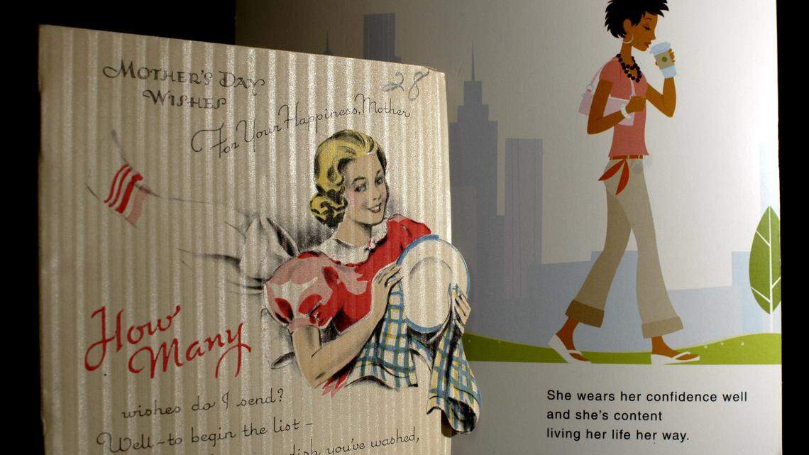 Two Mother’s Day cards from American Greetings, the first, left, from 1938, and the other a contemporary card from this year, show the difference in the how our societal view of motherhood has changed over the years, in Brooklyn, Ohio Monday, May 1, 2006. (AP Photo/Jamie-Andrea Yanak)