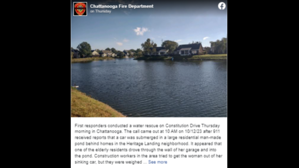 An 84-year-old woman died after her car sank in a nearby neighborhood pond, according to Chattanooga Fire Department.