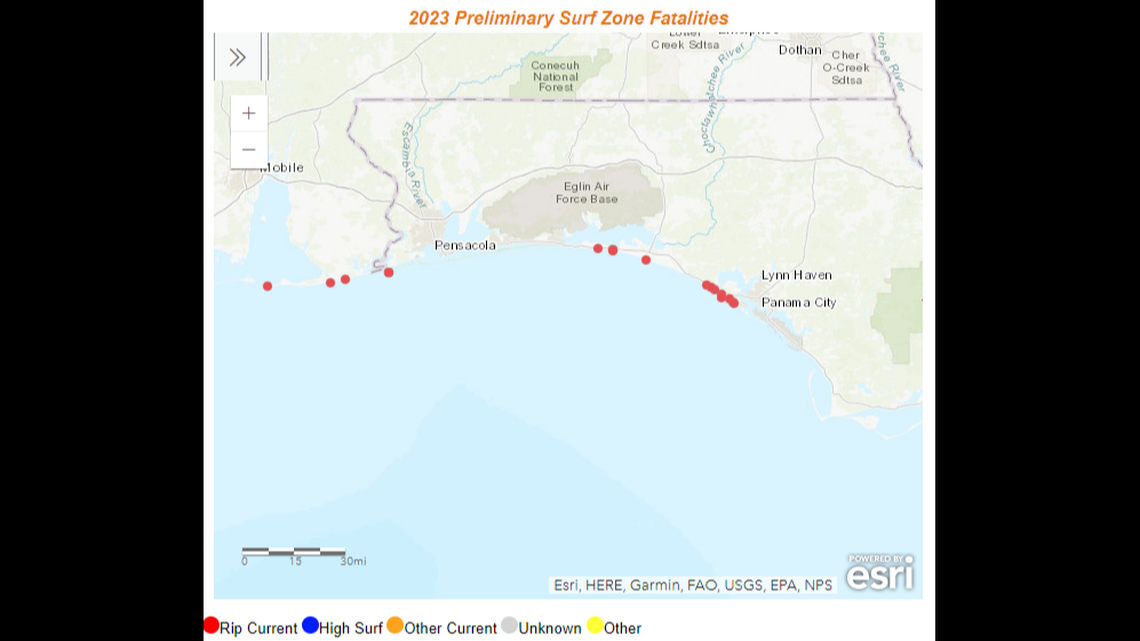 Rip currents have claimed the lives of at least 13 people along the Florida panhandle as of July 27, officials say.