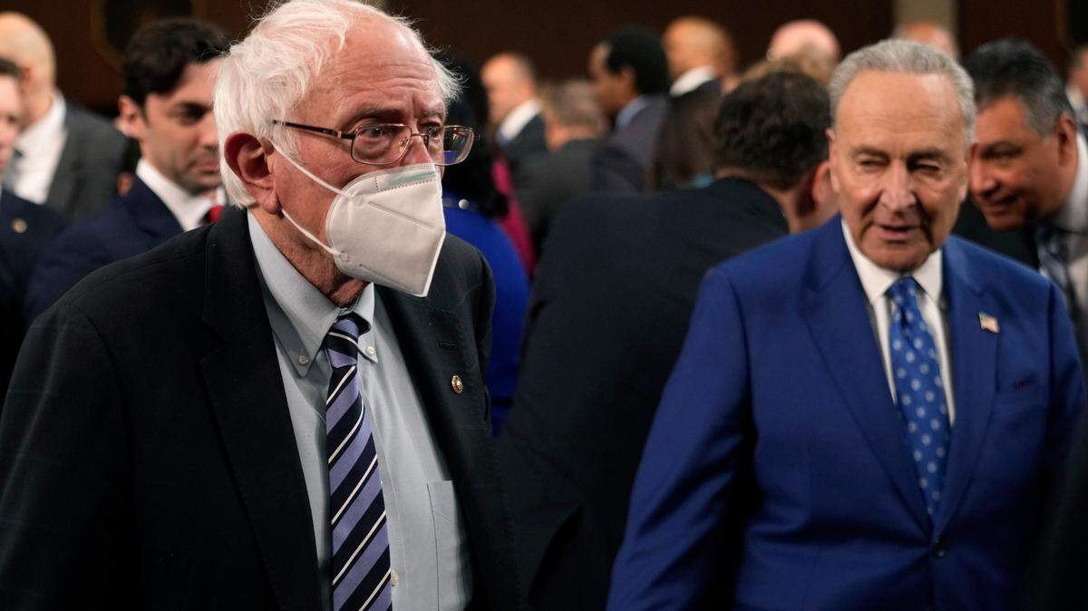 Sen. Bernie Sanders, I-Vt., and Senate Majority Leader Chuck Schumer of N.Y., arrive before President Joe Biden delivers the State of the Union address to a joint session of Congress at the Capitol, Tuesday, Feb. 7, 2023, in Washington. (AP Photo/Jacquelyn Martin, Pool)