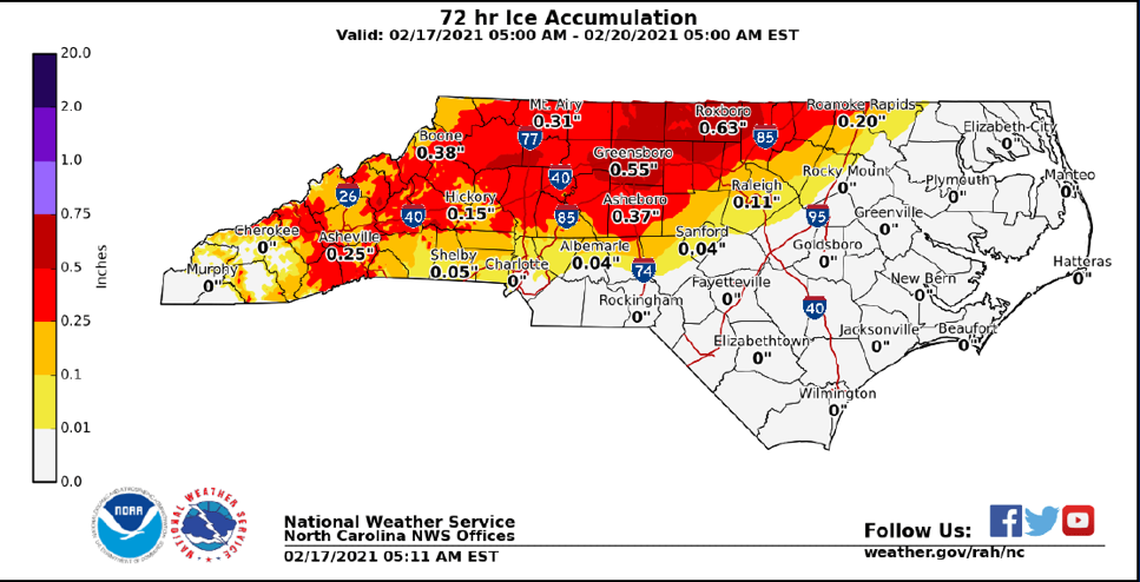 Northern and Western North Carolina could get between a quarter and a half inch of ice as winter weather moves into the area overnight Thursday, Gov. Roy Cooper warned. Power outages can occur with as little as a quarter-inch of ice on power lines.