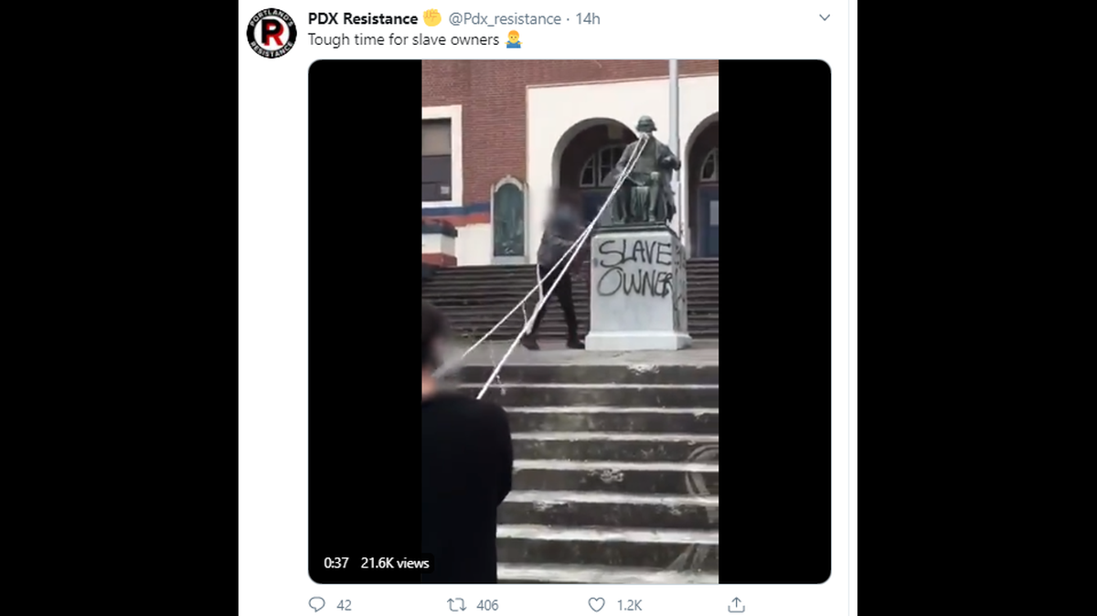 Protesters tore down a statue of President Thomas Jefferson on Sunday during a demonstration in front of Jefferson High School in North Portland. Monuments have been toppled nationwide amid protests.
