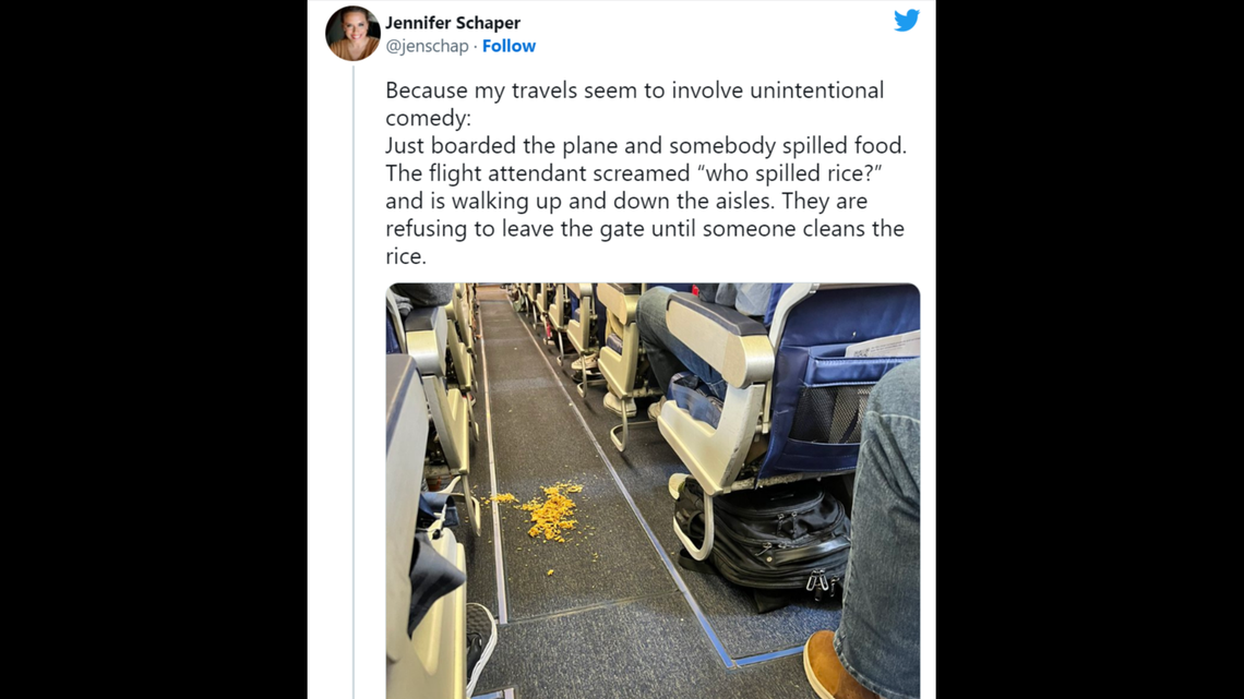 A Southwest Airlines flight was delayed by a clump of rice in the aisle, a passenger said.