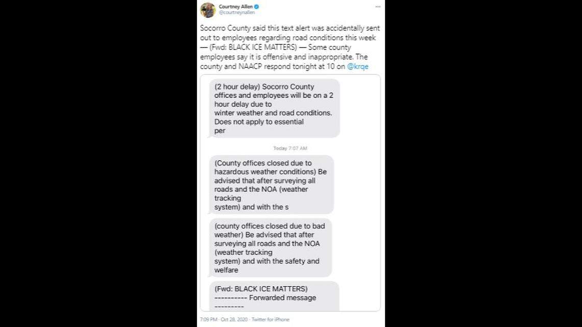 Employees working for Socorro County, New Mexico got a text alert titled “Black ice matters.” The NAACP says it’s offensive and “causes racial divisions.”