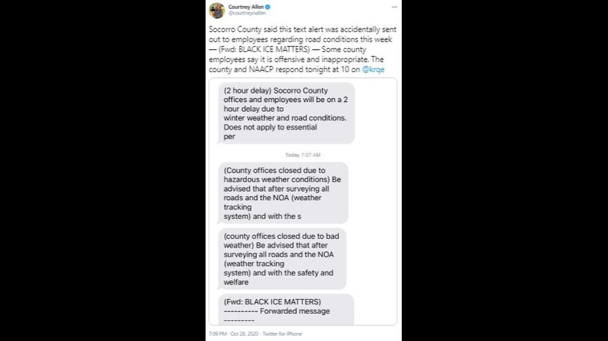 Employees working for Socorro County, New Mexico got a text alert titled “Black ice matters.” The NAACP says it’s offensive and “causes racial divisions.”