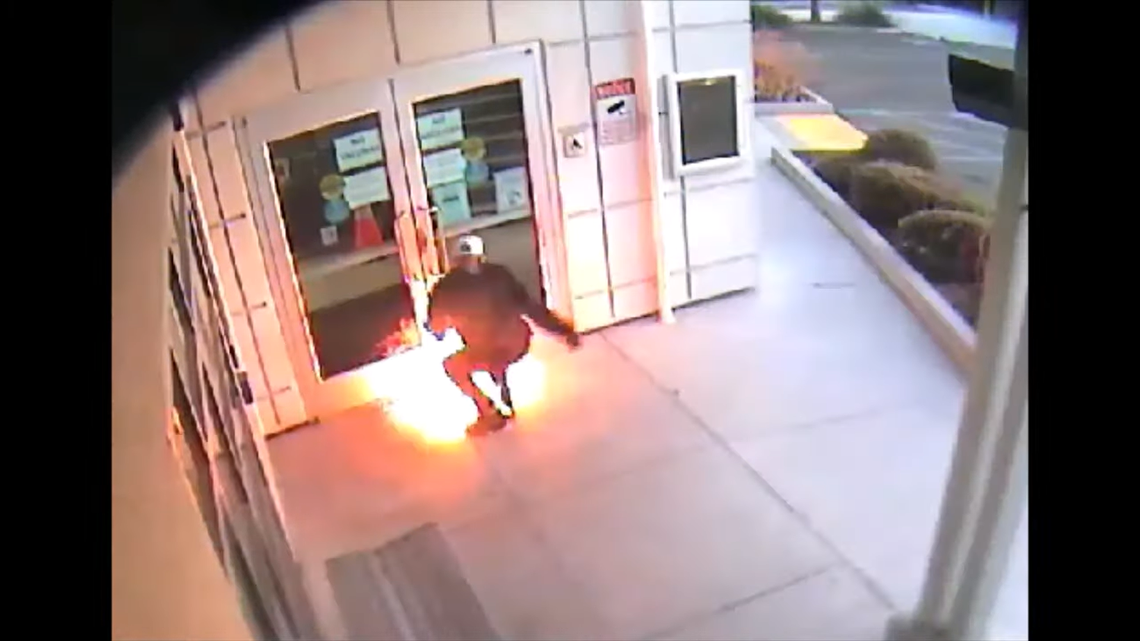 A man was seen on surveillance footage setting fire to the entrance of the Southwestern College Higher Education Center in San Diego.