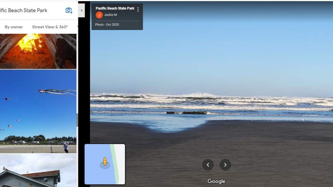A photo submitted to Google shows waves rolling at Pacific Beach State Park in Washington. A woman died on a beach near the park Jan. 10 after a large wave rolled a log on top of her and her husband.