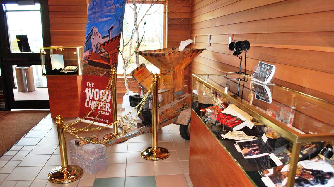A photo of the “Fargo” movie props and memorabilia shows the glass case where the fake cash — now surrendered to a bank — used to be displayed.