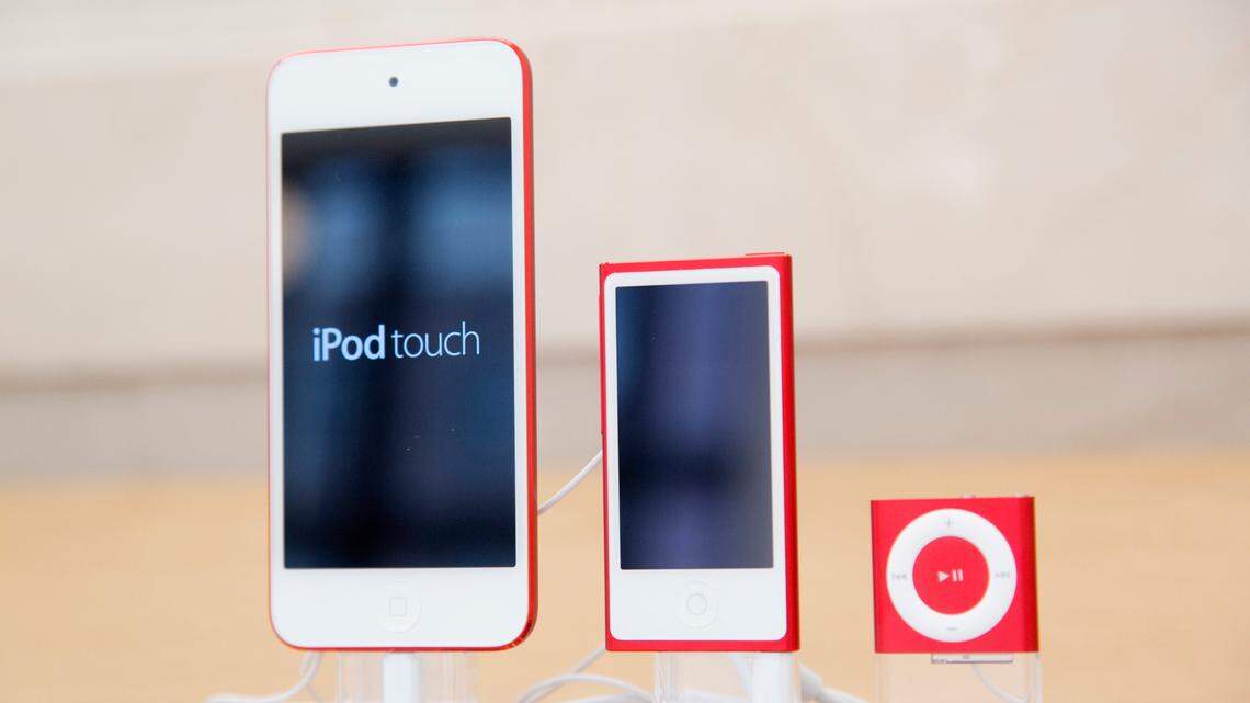 Apple introduced the iPod in 2001. While it still makes the iPod touch, left, it discontinued the iPod Nano, center, and iPod Shuffle in 2019