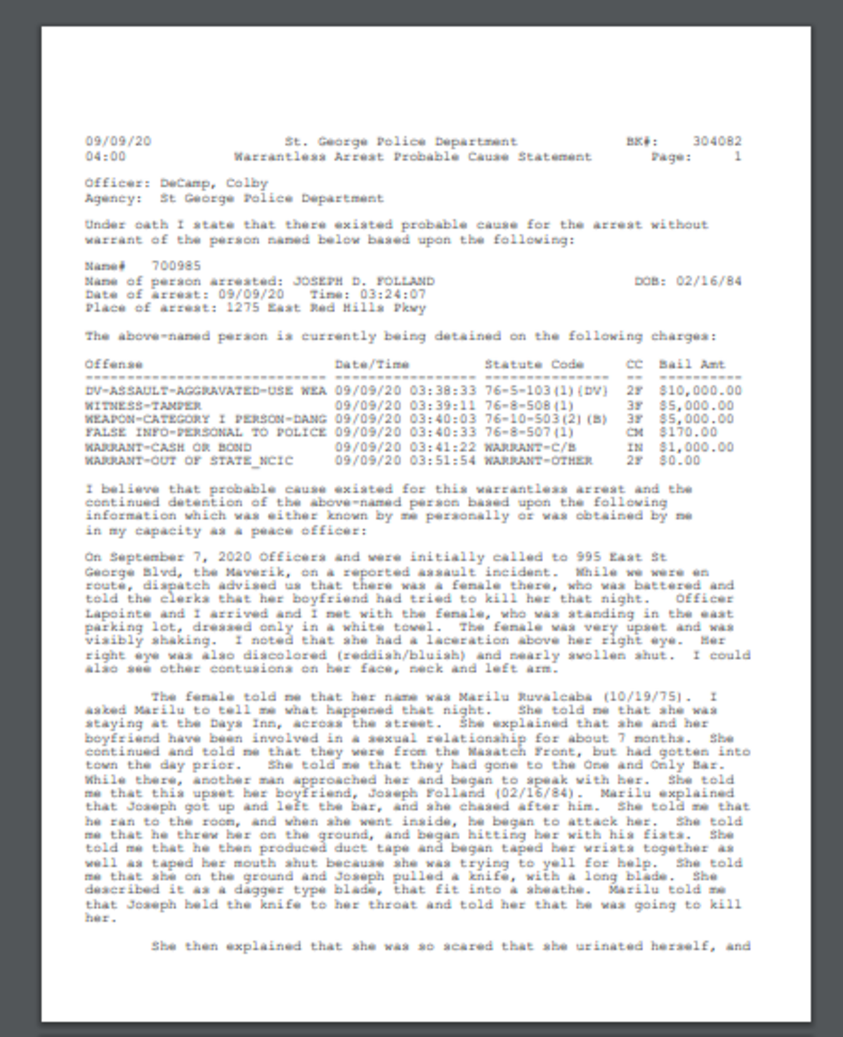 St. George police arrested a Utah man after he bound a woman and attempted to drown her in a hotel bathtub for threatening to testify against him in a criminal case.