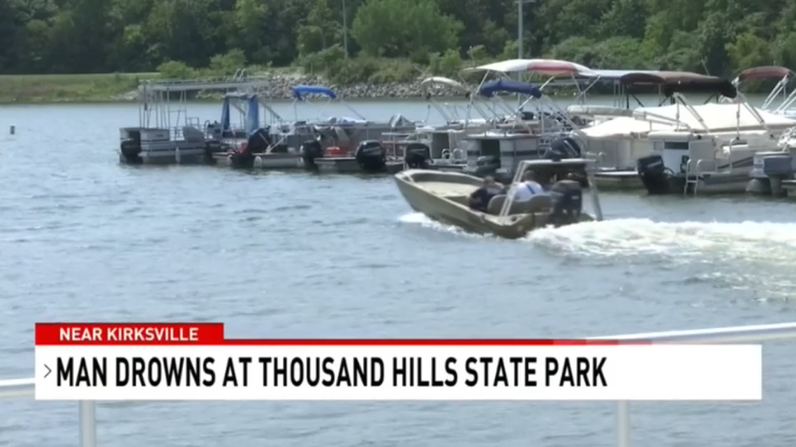 Steven Puckett of Unionville, Missouri, drowned after entering water from a pontoon on Forest Lake in Thousand Hills State Park near Kirksville, police said. Screengrab from KTVO.