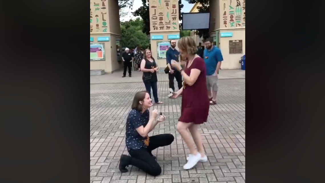 A viral video posted on Facebook shows the moment that Jessa Gillaspie and Becky McCabe, a lesbian couple, realized they both brought an engagement ring to the Memphis Zoo with the plans of proposing.