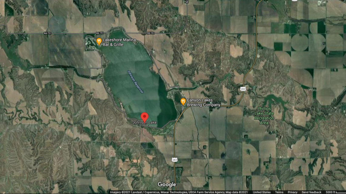 Three-year-old Avery Grace Mendiola of Lexington, Nebraska, drowned in Johnson Lake after drifting away on a flotation toy, the Gosper County sheriff said. Screengrab from Google.