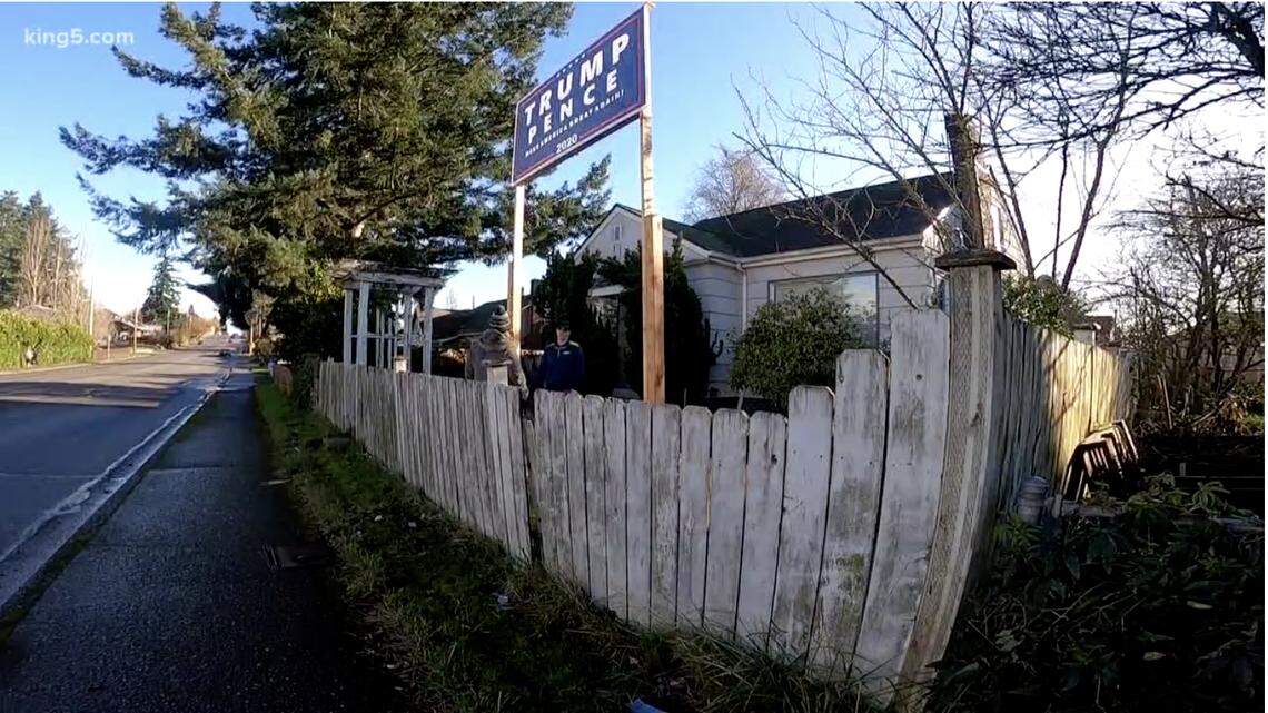Bremerton, Washington, city officials say Kevin Chambers’ front yard Trump-Pence 2020 presidential election campaign sign violates city height codes after it was elevated 15 feet on stilts because vandals tagged it with spray paint.