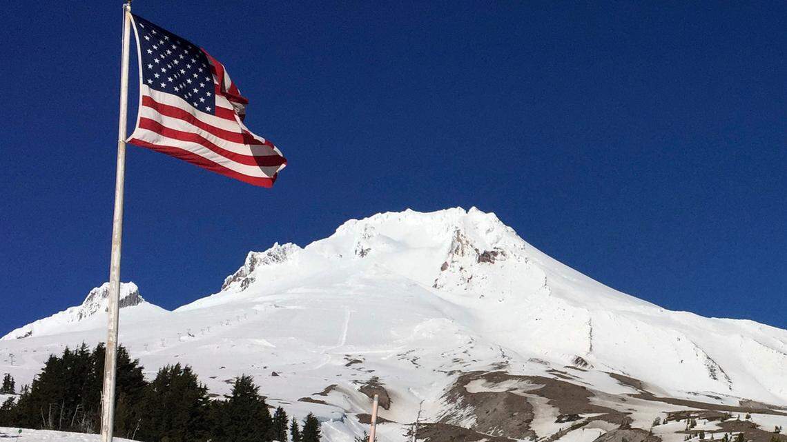 FILE - In this Feb. 13, 2018 file photo, Oregon’s Mount Hood is seen from Timberline Lodge on the south side of the mountain. One climber was found dead and another was found critically injured after both fell 200 feet from Mount Hood on March 6, 2022. (AP Photo/Gillian Flaccus, File)