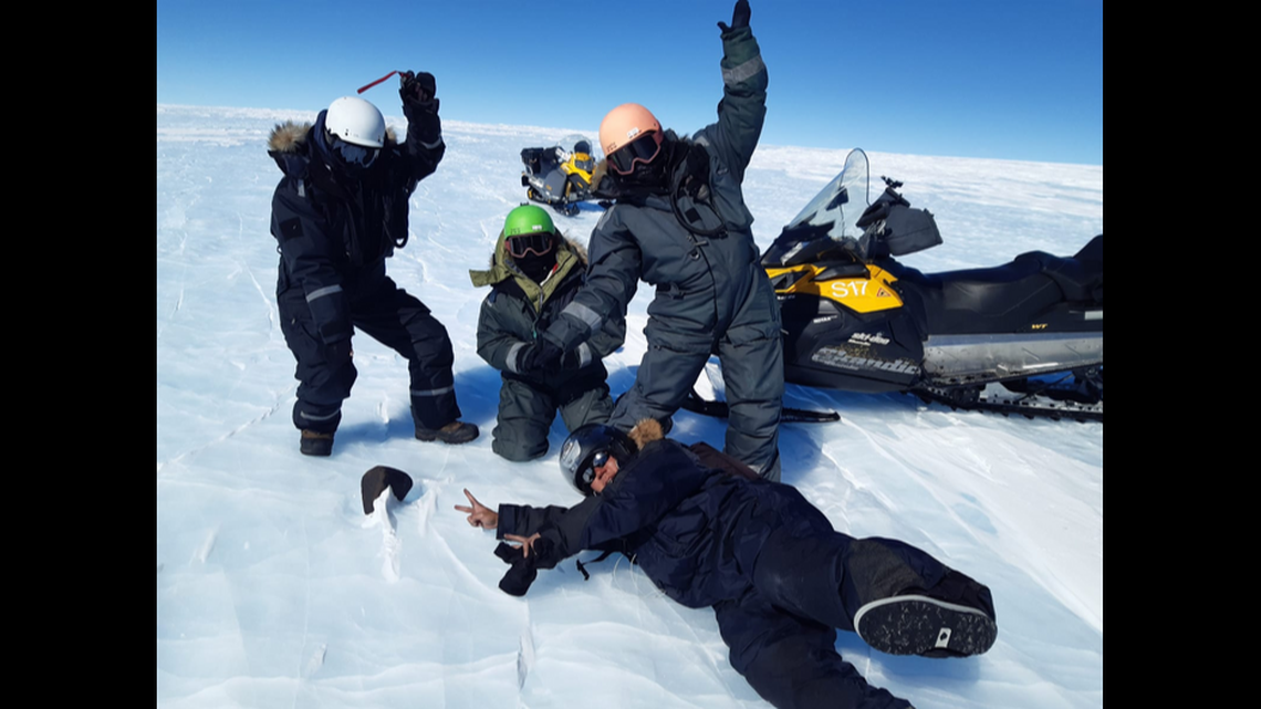 The researchers found five meteorites, including a 16.7-pound find. White helmet: Maria Schönbächler. Green helmet: Maria Valdes. Black helmet: Ryoga Maeda. Orange helmet: Vinciane Debaille.