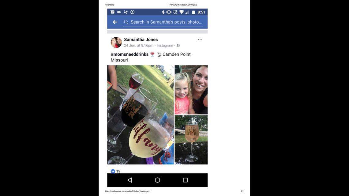 Samantha Jones, 32, posted photos of wine and her daughter shortly before a drunken driving crash that killed the 5-year-old girl, prosecutors say. Photo from Platte County Prosecuting Attorney.