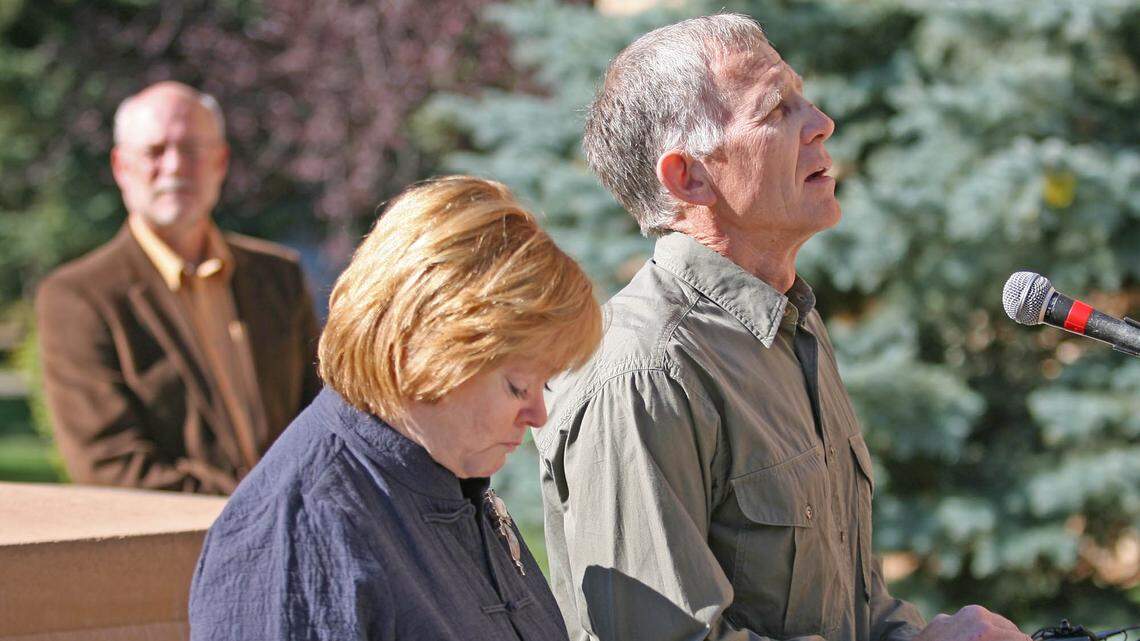 Judy and Phillip Shepard, parents of the late Matthew Shepard, become emotional while speaking during the Matthew Shepard Memorial Bench dedication on Sept. 27, 2008, in Laramie, Wyoming.
