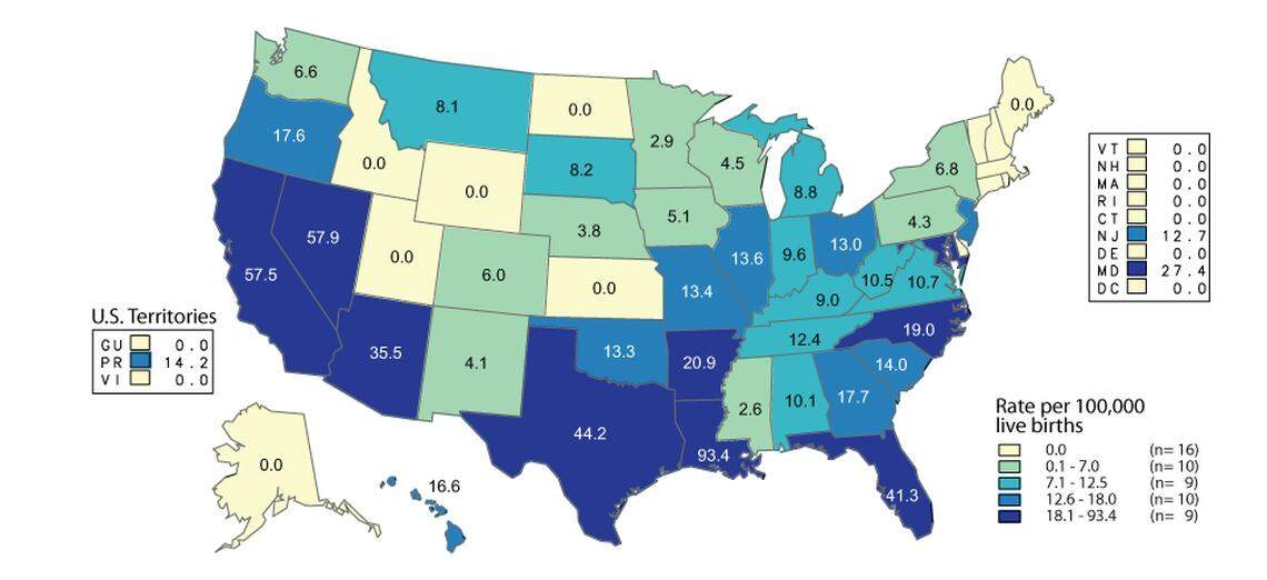 This map shows the rate of babies born with syphilis across the U.S.